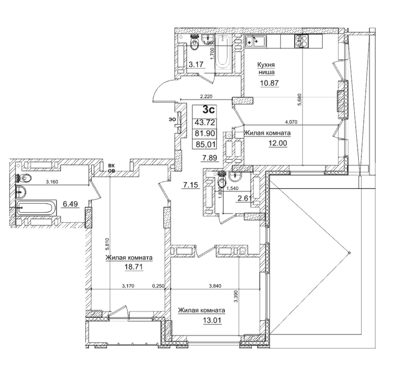 Планировка 3е-к.кв 81.90 м² в ЖК «Чернышевский»