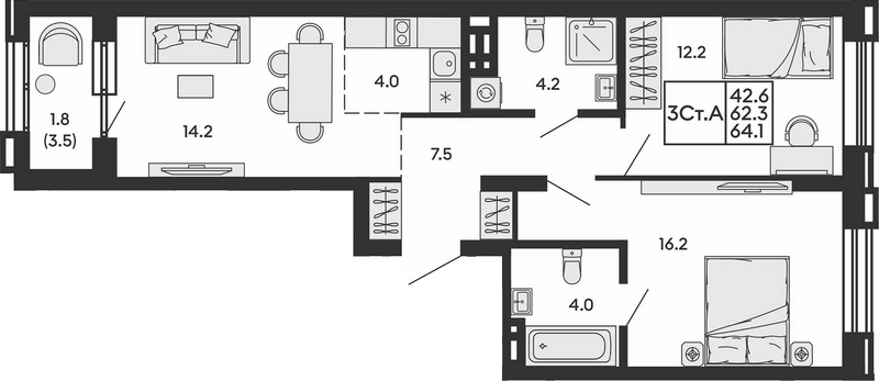Планировка 3е-к.кв 62.30 м² в ЖК «Сила леса»