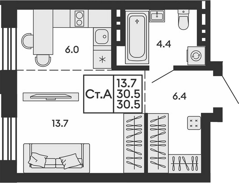 Планировка студия 30.50 м² в ЖК «Сила леса»