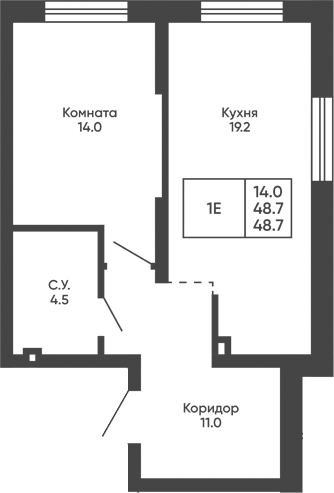 Планировка 1-к.кв 48.70 м² в ЖК «Башни Дзен»