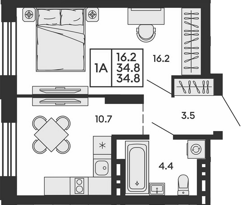 Планировка 2е-к. квартира 34.80 м² в ЖК «Сила леса»