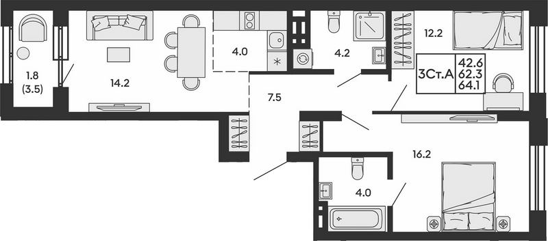Планировка 3е-к.кв 62.30 м² в ЖК «Сила леса»