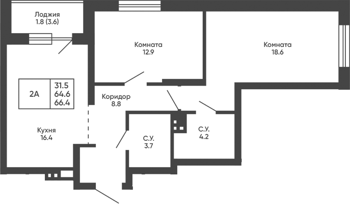 Планировка 2-к.кв 64.60 м² в ЖК «Башни Дзен»