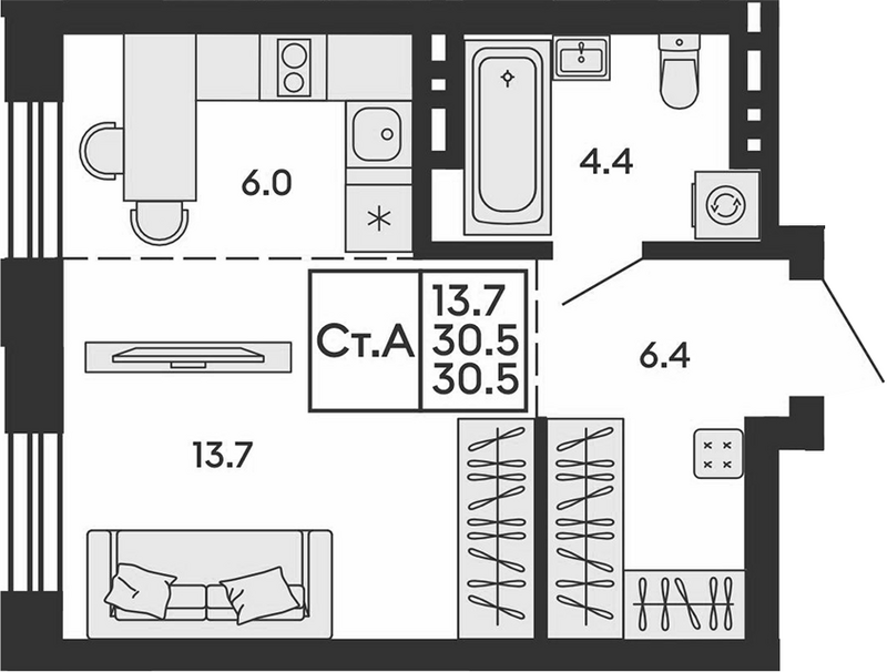Планировка студия 30.50 м² в ЖК «Сила леса»