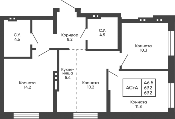 Планировка 4е-к.кв 69.20 м² в ЖК «Башни Дзен»