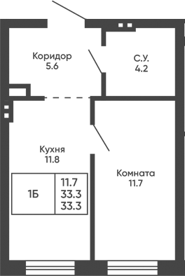 Планировка 1-к.кв 33.30 м² в ЖК «Башни Дзен»