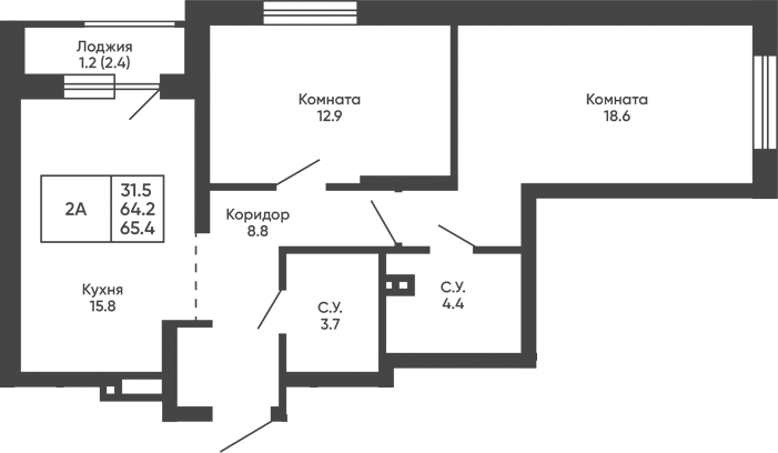 Планировка 2-к.кв 64.20 м² в ЖК «Башни Дзен»
