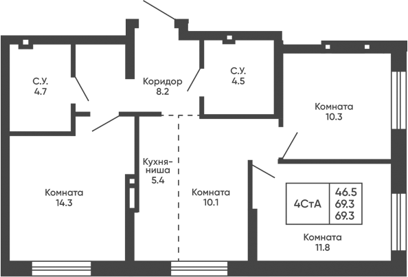 Планировка 4е-к.кв 69.30 м² в ЖК «Башни Дзен»