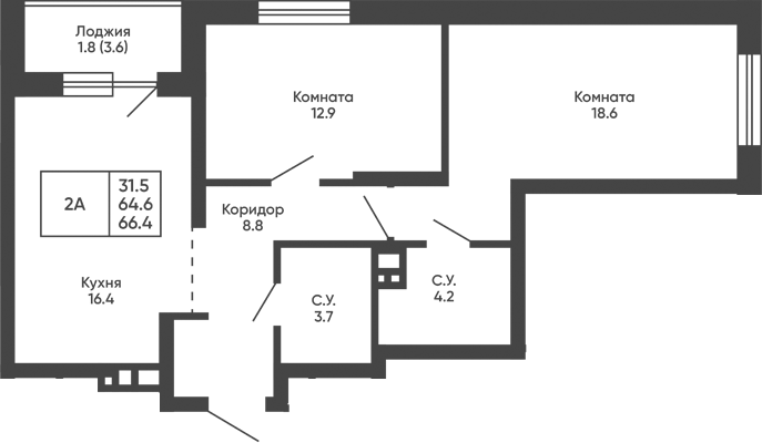 Планировка 2-к.кв 64.60 м² в ЖК «Башни Дзен»
