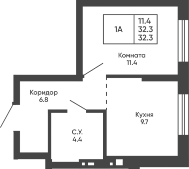 Планировка 1-к.кв 32.30 м² в ЖК «Башни Дзен»