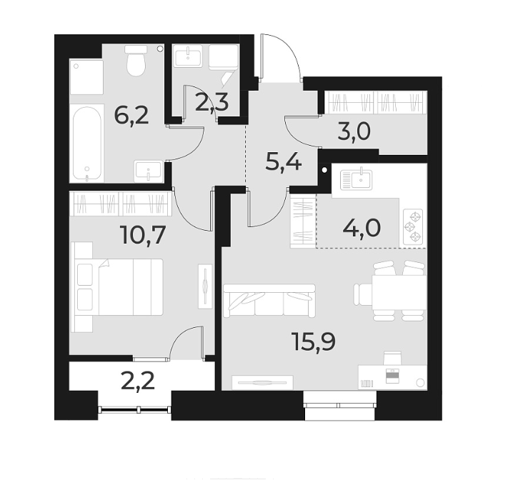 Планировка 2е-к. квартира 47.50 м² в ЖК «Русское солнце»