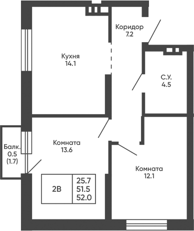 Планировка 2-к.кв 51.50 м² в ЖК «Башни Дзен»