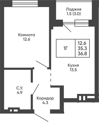 Планировка 1-к.кв 35.30 м² в ЖК «Башни Дзен»