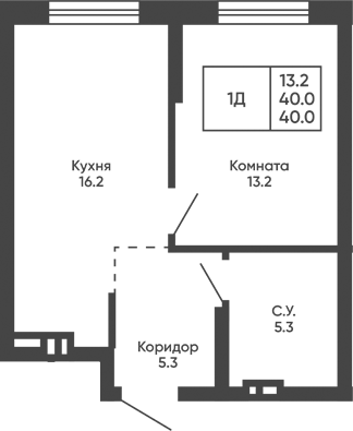 Планировка 1-к.кв 40.00 м² в ЖК «Башни Дзен»