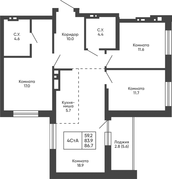 Планировка 4е-к.кв 83.90 м² в ЖК «Башни Дзен»