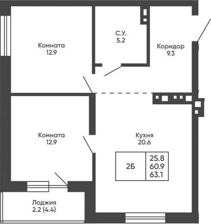 Планировка 2-к.кв 60.90 м² в ЖК «Башни Дзен»