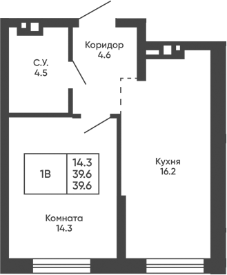 Планировка 1-к.кв 39.60 м² в ЖК «Башни Дзен»