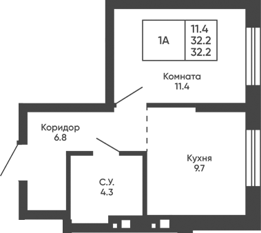 Планировка 1-к.кв 32.20 м² в ЖК «Башни Дзен»