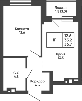 Планировка 1-к.кв 35.20 м² в ЖК «Башни Дзен»