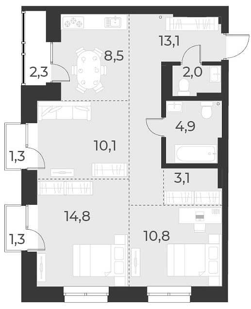 Планировка 3-к. квартира 67.30 м² в ЖК «Русское солнце»
