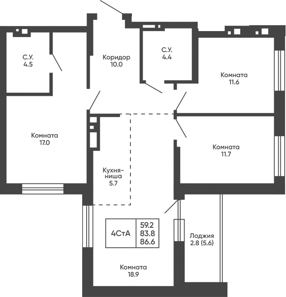 Планировка 4е-к.кв 83.80 м² в ЖК «Башни Дзен»