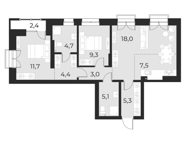 Планировка 3е-к.кв 69.00 м² в ЖК «Русское солнце»