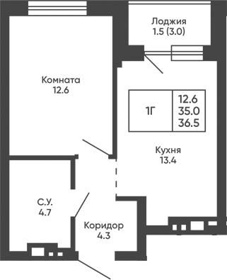 Планировка 1-к.кв 35.00 м² в ЖК «Башни Дзен»
