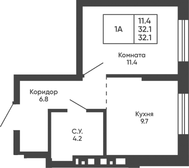 Планировка 1-к.кв 32.10 м² в ЖК «Башни Дзен»