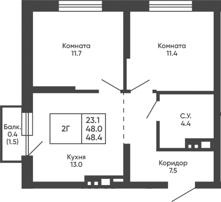 Планировка 2-к.кв 48.00 м² в ЖК «Башни Дзен»