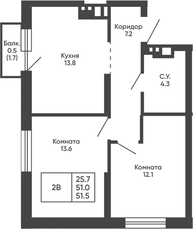 Планировка 2-к.кв 51.00 м² в ЖК «Башни Дзен»