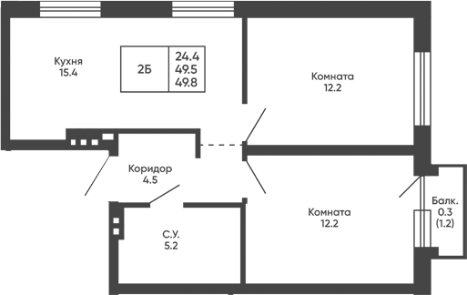Планировка 2-к.кв 49.50 м² в ЖК «Башни Дзен»