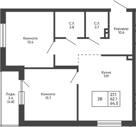 Планировка 2-к.кв 62.10 м² в ЖК «Башни Дзен»