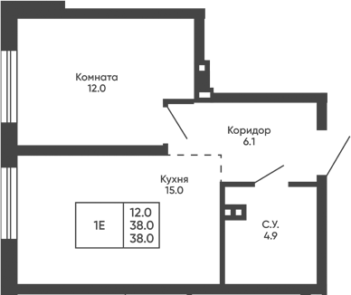 Планировка 1-к.кв 38.00 м² в ЖК «Башни Дзен»