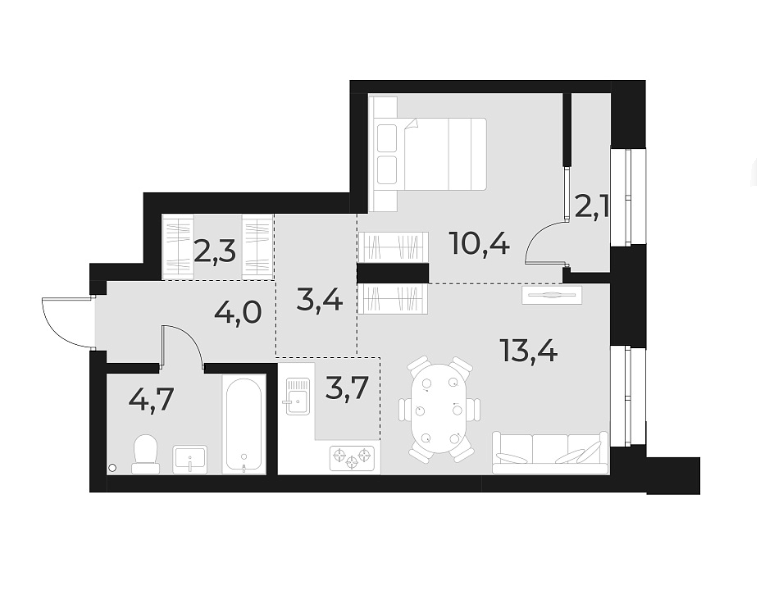 Планировка 2е-к. квартира 41.90 м² в ЖК «Русское солнце»