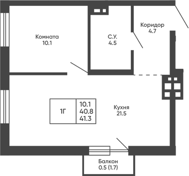 Планировка 1-к.кв 40.80 м² в ЖК «Башни Дзен»