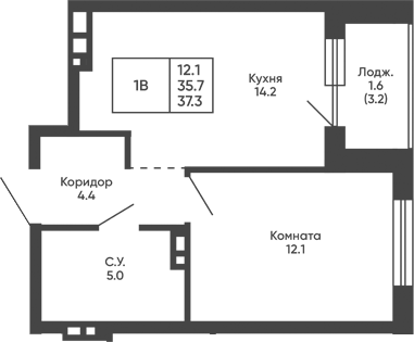 Планировка 1-к.кв 35.70 м² в ЖК «Башни Дзен»