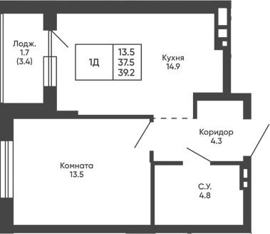 Планировка 1-к.кв 37.50 м² в ЖК «Башни Дзен»