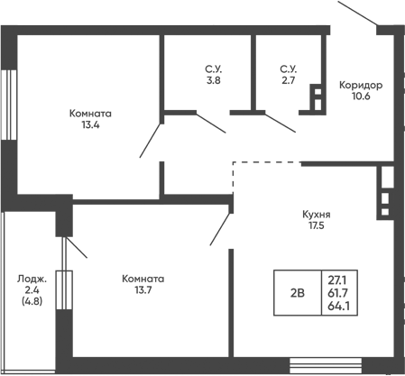 Планировка 2-к.кв 61.70 м² в ЖК «Башни Дзен»