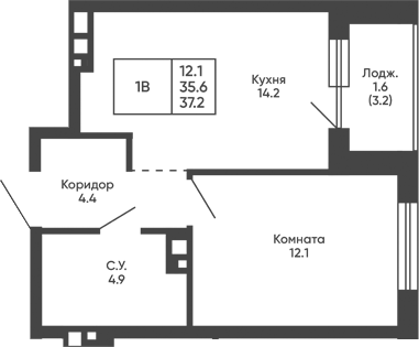 Планировка 1-к.кв 35.60 м² в ЖК «Башни Дзен»