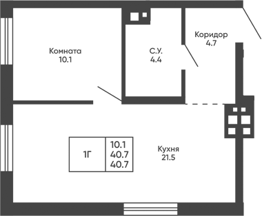 Планировка 1-к.кв 40.70 м² в ЖК «Башни Дзен»