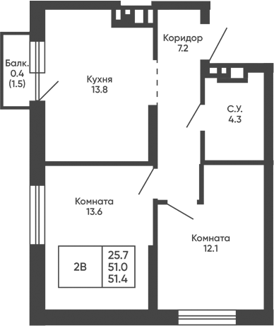 Планировка 2-к.кв 51.00 м² в ЖК «Башни Дзен»
