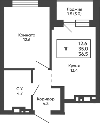 Планировка 1-к.кв 35.00 м² в ЖК «Башни Дзен»