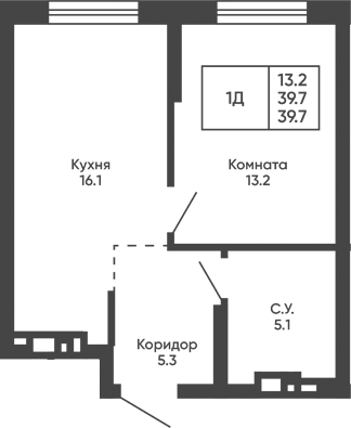 Планировка 1-к.кв 39.70 м² в ЖК «Башни Дзен»
