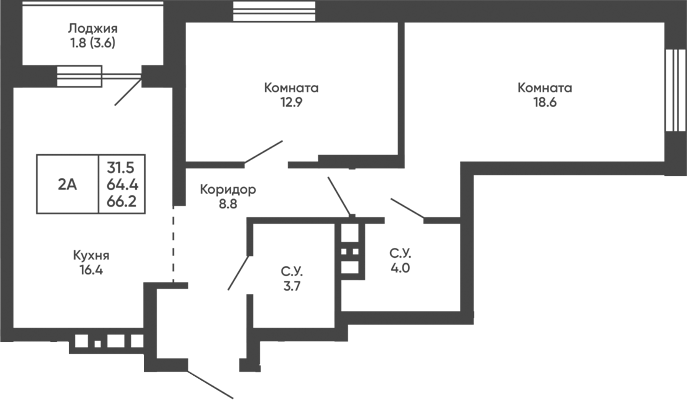 Планировка 2-к.кв 64.40 м² в ЖК «Башни Дзен»