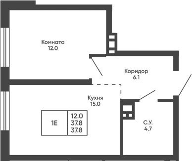 Планировка 1-к.кв 37.80 м² в ЖК «Башни Дзен»