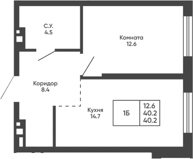 Планировка 1-к.кв 40.20 м² в ЖК «Башни Дзен»