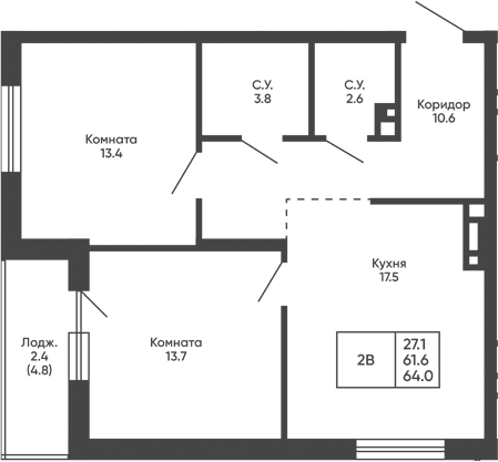 Планировка 2-к.кв 61.60 м² в ЖК «Башни Дзен»