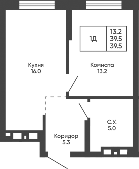 Планировка 1-к. квартира 39.50 м² в ЖК «Башни Дзен»