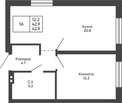 Планировка 1-к.кв 42.90 м² в ЖК «Башни Дзен»