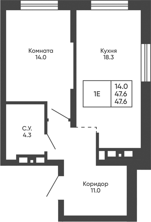 Планировка 1-к.кв 47.60 м² в ЖК «Башни Дзен»